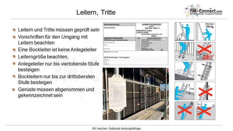 Sicherheitsunterweisung für den Umgang mit Leitern und Tritten zur Vermeidung von Sturzunfällen und Sicherstellung der regelmäßigen Prüfung von Aufstiegshilfen.