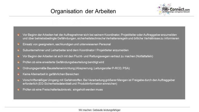 Strukturierte Organisation der Arbeiten im Fremdfirmenmanagement zur effizienten Koordination von Arbeitsabläufen, Verantwortlichkeiten und Terminen.