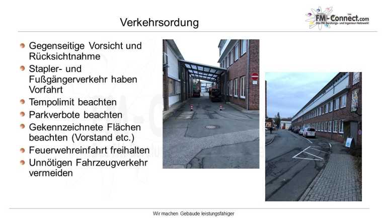 Verbindliche Verkehrsordnung auf dem Betriebsgelände für Fremdfirmen zur Regelung von Fahrwegen, Tempolimits und Parkvorschriften für einen sicheren Werksverkehr.