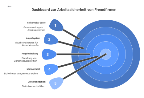 Dashboard zur Bewertung der Arbeitssicherheit von Fremdfirmen mit einem Ampelsystem, einem prozentualen Sicherheits-Score und Icons für verschiedene Kriterien