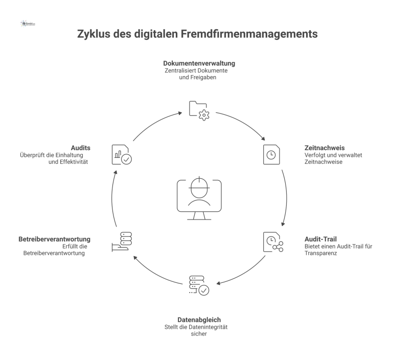 Prozessdiagramm des digitalen Fremdfirmenmanagements mit einem zentralen Portal, welches Dokumente, Freigaben, Zeitnachweise und Audits zur Betreiberverantwortung bündelt. 