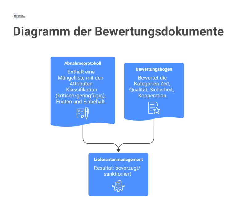 Diagramm mit zwei Zweigen für Bewertungsdokumente: Abnahmeprotokoll mit Mängelliste und Bewertungsbogen. Das Ergebnis führt zur Klassifizierung von Lieferanten. 