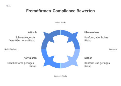 Ein Compliance-Dashboard für Fremdfirmen, das die Kategorien Recht, Verträge, Ethik und Antikorruption mit einem rot-gelb-grünen Ampelsystem bewertet.