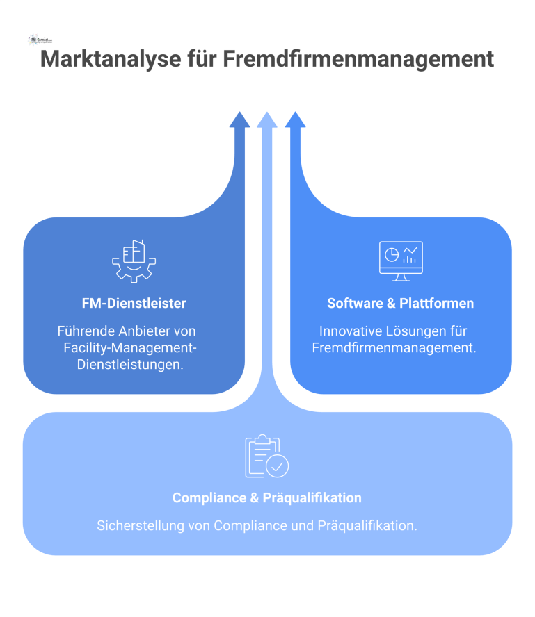 Eine Mindmap zum Markt für Fremdfirmenmanagement, unterteilt in die Kategorien FM-Dienstleister, Software & Plattformen und Compliance & Präqualifikation. 
