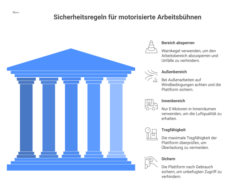 Sicherheitsregeln für motorisierte Arbeitsbühnen Infografik mit einer zentralen Arbeitsbühne, umgeben von Piktogrammen für Sicherheitsregeln wie Absperrung, Wind, Innenbetrieb, Tragfähigkeit und Sicherung.