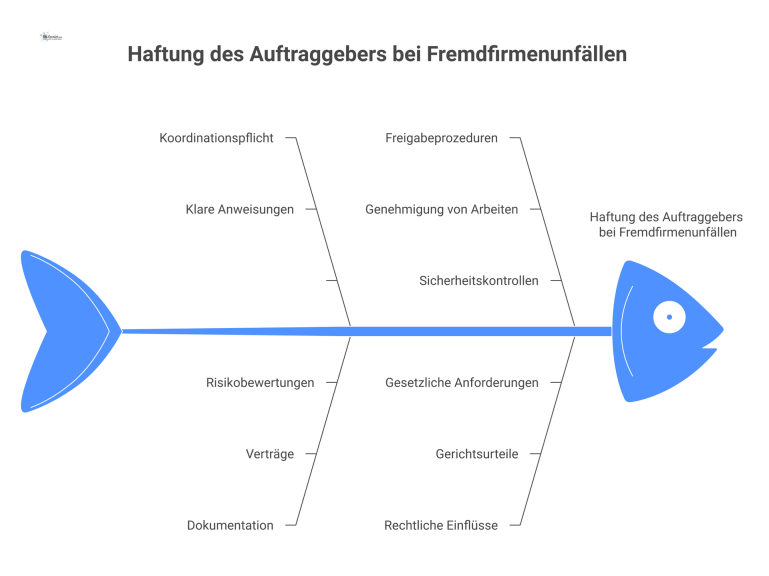 Diagramm zur Haftung von Auftraggebern bei Fremdfirmenunfällen, das wichtige Schutzmaßnahmen wie Koordinationspflicht und lückenlose Dokumentation darstellt. 