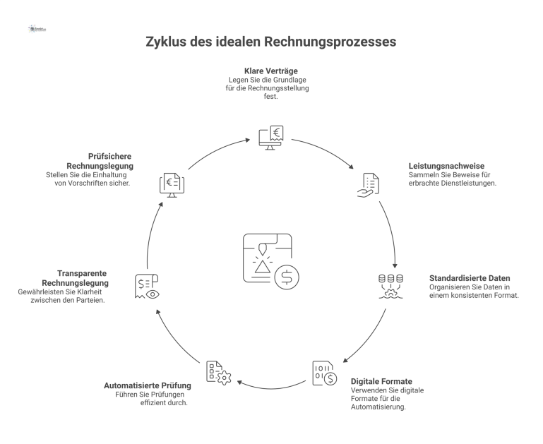 Idealer Rechnungsprozess im Facility Management Diagramm des Rechnungsprozesses im Facility Management, basierend auf Verträgen, digitalen Daten und automatisierter Prüfung für transparente Rechnungslegung.