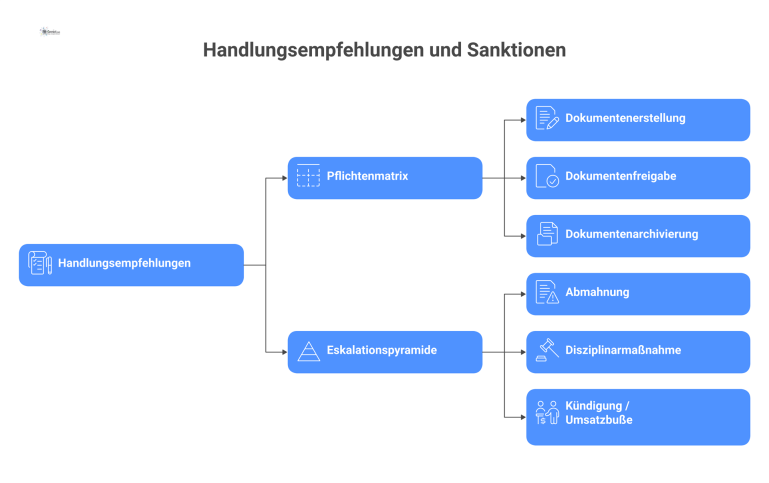 Diagramm aus Pflichtenmatrix für Dokumente und Eskalationspyramide, die Sanktionen von Abmahnung bis zur Kündigung oder Umsatzbuße darstellt.