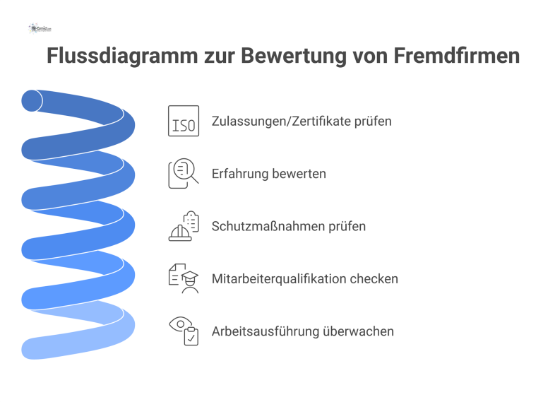 Flussdiagramm, das den Prozess zur Bewertung von Fremdfirmen im Arbeitsschutz in fünf Schritten darstellt: Zulassungen, Erfahrung, Schutzmaßnahmen, Qualifikation und Überwachung. 