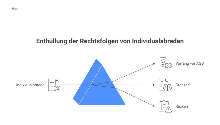 Diagramm, das den Vorrang der Individualabrede vor AGB sowie deren Grenzen und Risiken wie Nichtigkeit und Beweislast darstellt. 