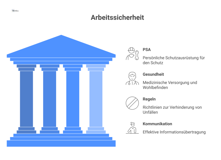 Infografik eines Arbeiters umgeben von Piktogrammen für PSA, Gesundheit, Regeln und Kommunikation zur Visualisierung der Arbeitssicherheit. 