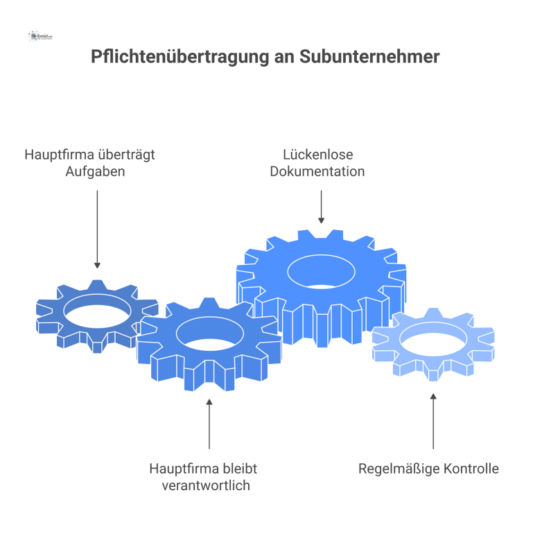 Diagramm zum Prozess der Pflichtenübertragung an einen Subunternehmer, inklusive der Dokumentations- und Kontrollpflichten der verantwortlichen Hauptfirma. 
