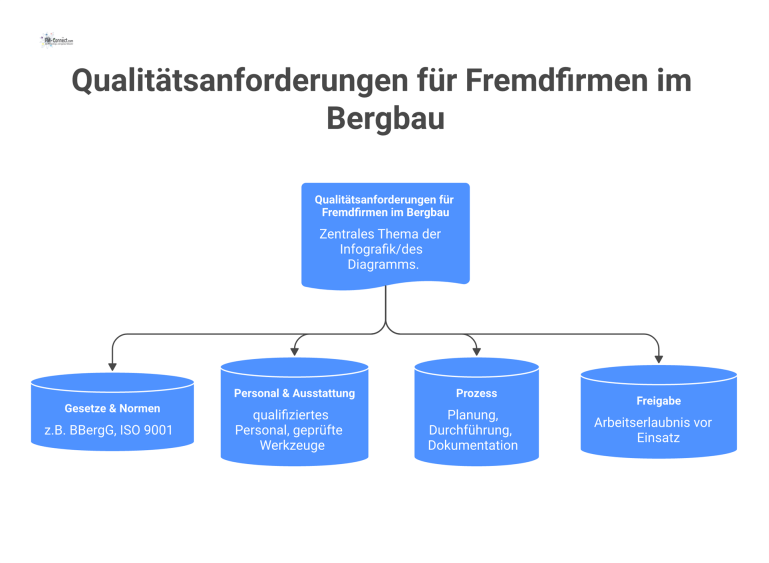 Infografik zu Qualitätsanforderungen für Fremdfirmen im Bergbau mit den vier Hauptbereichen: Gesetze, Personal, Prozess und Freigabe.