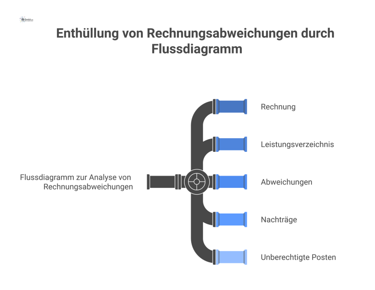 Flussdiagramm, das den Prozess zur Analyse von Rechnungsabweichungen durch den Vergleich von Rechnung und Leistungsverzeichnis unter Berücksichtigung von Nachträgen darstellt. 
