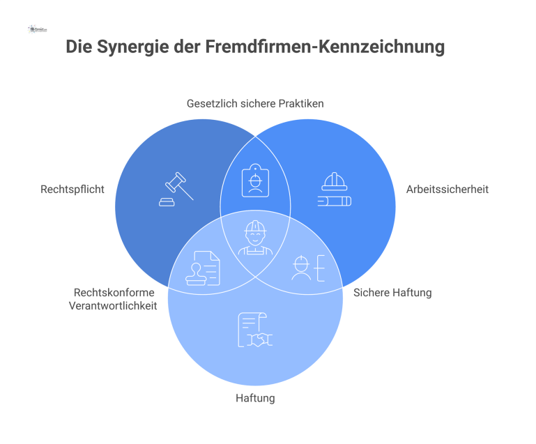 Notwendigkeit der Kennzeichnung von Fremdfirmenmitarbeitern Infografik erklärt mit einem Arbeiter-Icon und drei Säulen die Notwendigkeit der Kennzeichnung: Rechtspflicht, Arbeitssicherheit und Haftung.