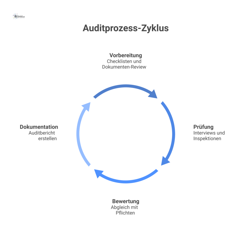 Flussdiagramm eines Auditprozesses zur Prüfung von Vertragspflichten, unterteilt in die vier Phasen Vorbereitung, Prüfung, Bewertung und Dokumentation. 