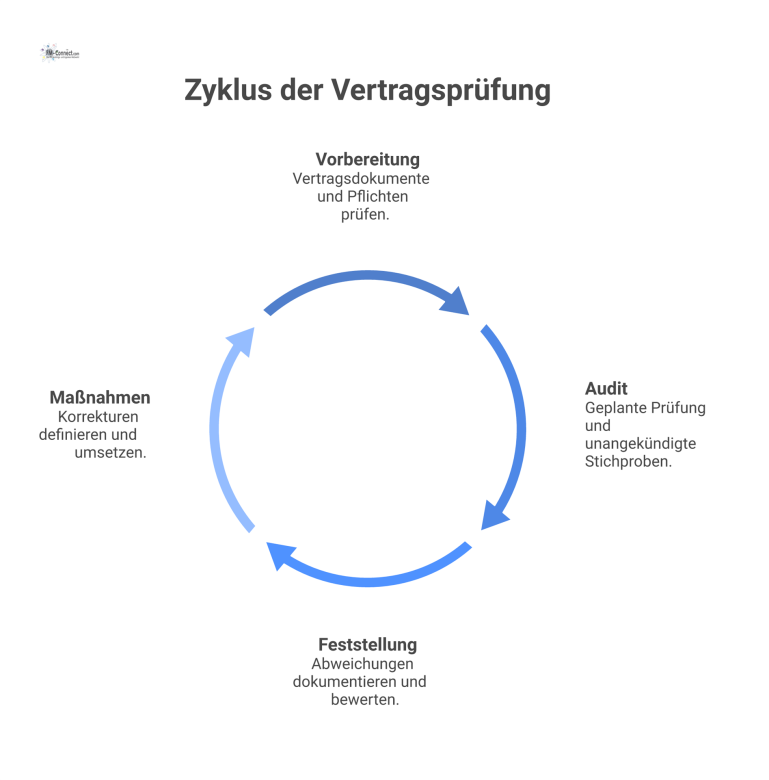 Flussdiagramm zum Prozess der Vertragsprüfung Flussdiagramm, das den Prozess der Vertragsprüfung in den vier Phasen Vorbereitung, Audit, Feststellung und Maßnahmen darstellt.