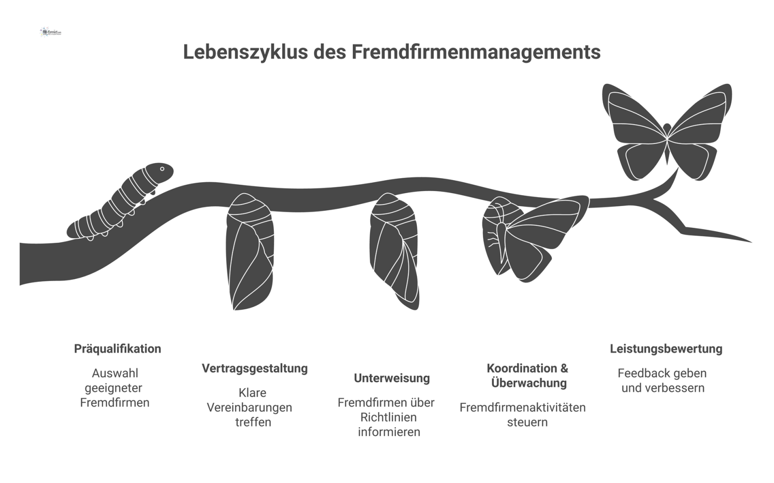 Infografik des 5-stufigen Prozessflusses für das Fremdfirmenmanagement zur Sicherung von Qualität, dargestellt mit industriellen Icons. 