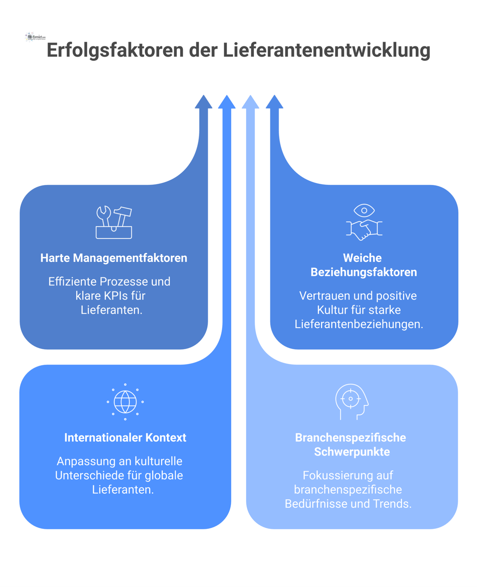 Ein zentrales Diagramm, das den ganzheitlichen Erfolg der Lieferantenentwicklung durch vier verwobene Dimensionen zeigt: harte und weiche Faktoren.