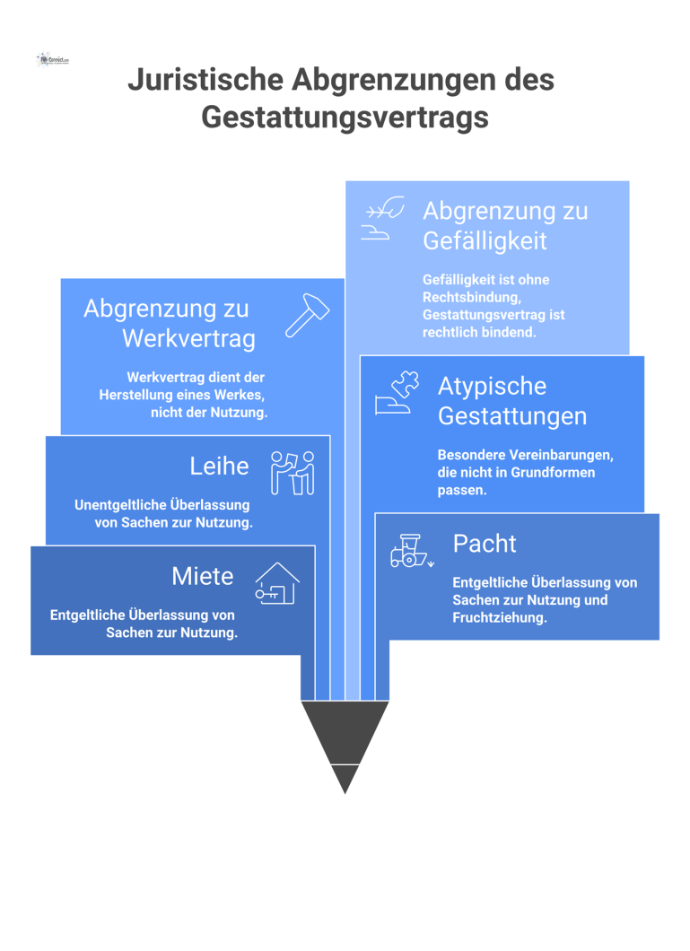Mindmap des Gestattungsvertrags mit Unterteilung in Grundformen und Abgrenzung zu Miete, Pacht, Leihe und anderen Vertragstypen. 