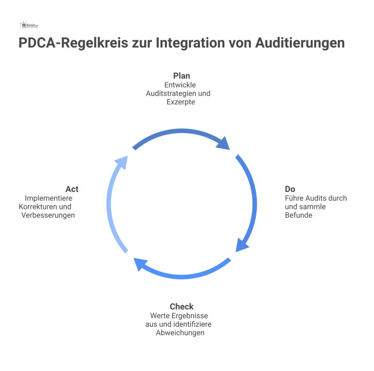 Diagramm eines PDCA-Regelkreises zur Audit-Integration, das die vier Phasen Plan, Do, Check und Act als einen Zyklus darstellt. 