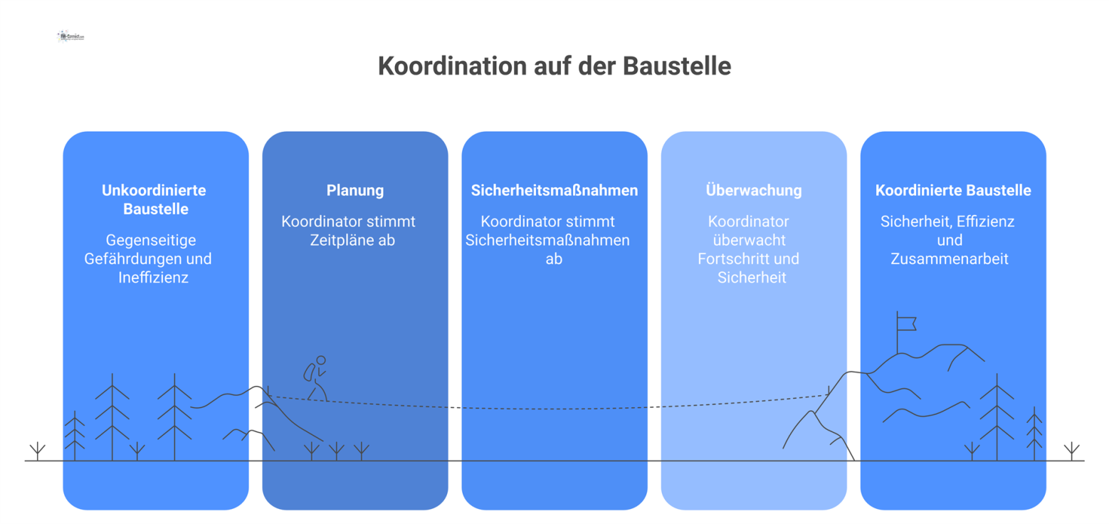 Infografik über den Koordinator auf einer Baustelle, der als zentrale Schnittstelle zwischen Teams dient und Gefährdungen durch seine Aufgaben verhindert.