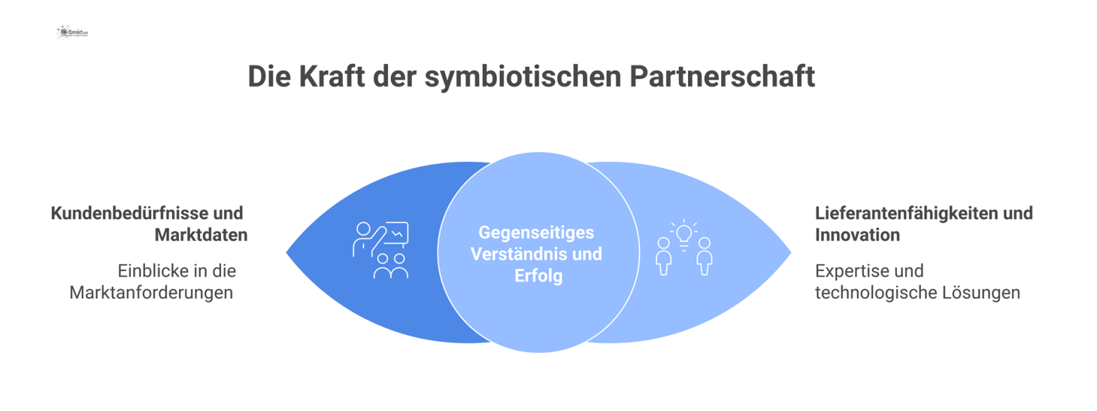 Ein Kreislaufdiagramm zeigt den Austausch zwischen Kunde und Lieferant, bei dem Marktdaten und Bedürfnisse gegen Innovation und Verständnis getauscht werden. 