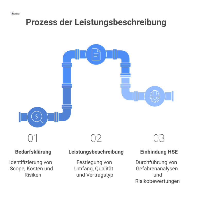 Ein Flussdiagramm des Prozesses zur Leistungsbeschreibung mit drei Schritten: Bedarfsklärung, Erstellung der Leistungsbeschreibung und die Einbindung von HSE.