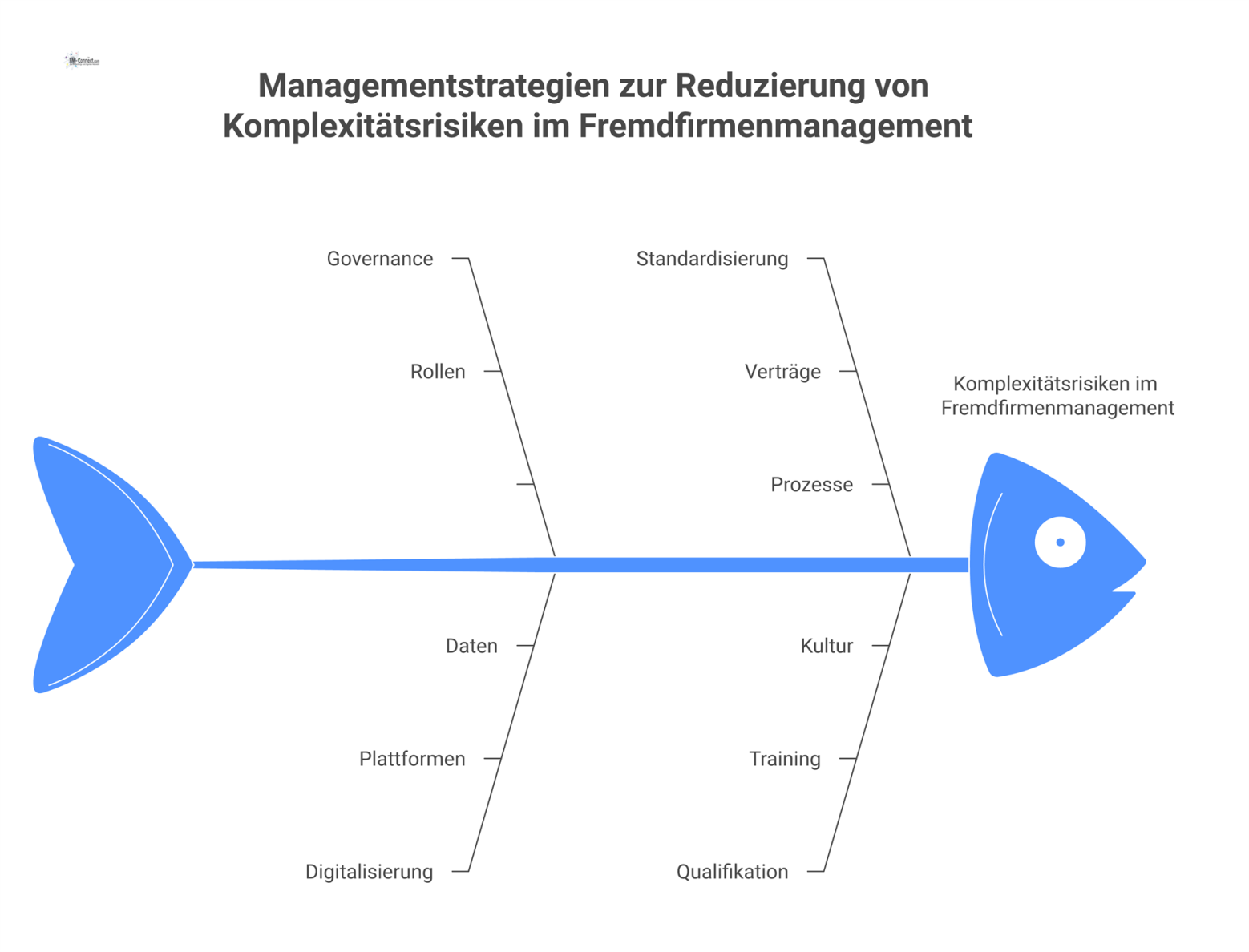 Infografik der fünf Managementstrategien zur Reduktion von Komplexitätsrisiken: Governance, Digitalisierung, Standardisierung, Qualifikation und Monitoring im Fremdfirmenmanagement. 