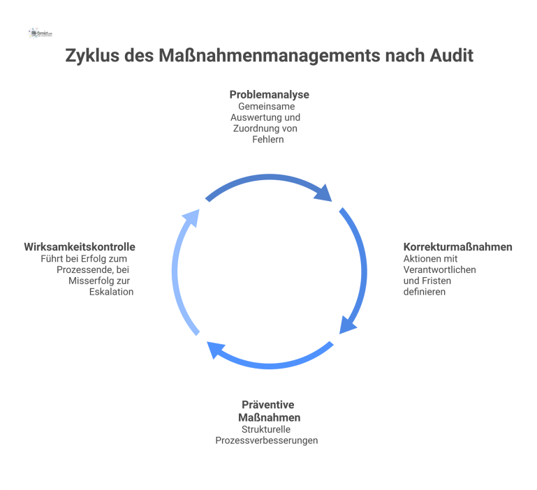 Flussdiagramm, das den Prozess des Maßnahmenmanagements nach einem Audit in vier Phasen darstellt: Problemanalyse, Korrekturmaßnahmen, Präventive Maßnahmen und Wirksamkeitskontrolle.