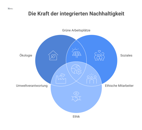 Dashboard-Diagramm zur Nachhaltigkeitsbewertung von Fremdfirmen mit einem 100-Punkte-Score, der die gewichteten Säulen Ökologie, Soziales und Ethik visualisiert. 