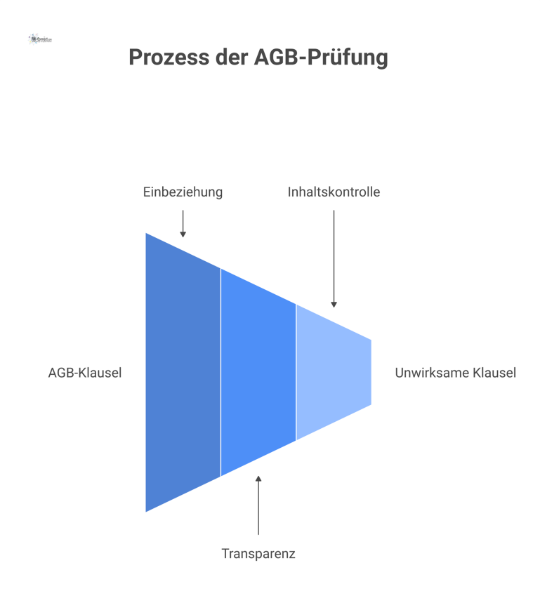 Flussdiagramm, das die dreistufige Prüfung von AGB-Klauseln auf Einbeziehung, Transparenz und Inhaltskontrolle sowie die resultierenden negativen Rechtsfolgen zeigt. 