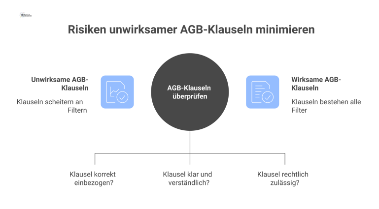 Ein Flussdiagramm zeigt die dreistufige Prüfung von AGB-Klauseln und die negativen Folgen bei deren Unwirksamkeit, wie Klagen und Reputationsschaden.