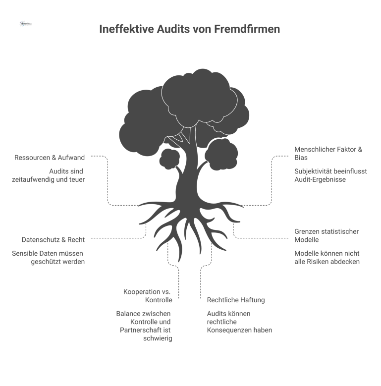 Herausforderungen bei Audits von Fremdfirmen Mindmap zu den Herausforderungen bei Fremdfirmen-Audits mit sechs Hauptknotenpunkten wie Ressourcen, Datenschutz, menschliche Faktoren und rechtliche Haftung.