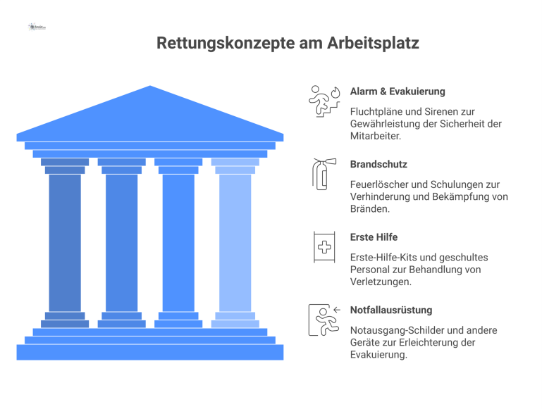 Infografik zu Rettungskonzepten am Arbeitsplatz Infografik, die Rettungskonzepte am Arbeitsplatz darstellt, mit den vier zentralen Bereichen Alarm, Brandschutz, Erste Hilfe und Notfallausrüstung.