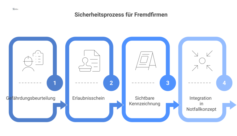 Infografik-Flussdiagramm zum Sicherheitsprozess für Fremdfirmen in vier Schritten: Gefährdungsbeurteilung, Erlaubnisschein, Kennzeichnung des Arbeitsplatzes und Notfallkonzept.