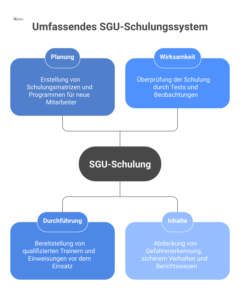 Mindmap über ein SGU-Schulungssystem mit den vier Hauptästen Planung, Durchführung, Wirksamkeit und Inhalte zur Gewährleistung der Arbeitssicherheit. 