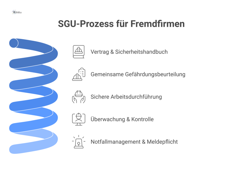 Infografik: SGU-Prozess für Fremdfirmen Flussdiagramm des SGU-Prozesses für Fremdfirmen, das fünf Phasen zeigt: Vertrag, Gefährdungsbeurteilung, Arbeitsdurchführung, Überwachung und Notfallmanagement.