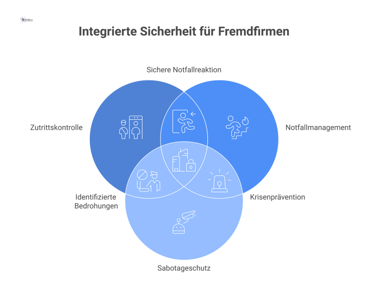 Sicherheitskonzept für Fremdfirmen auf Werksgelände Infografik zum Sicherheitskonzept: eine zentrale Person mit Ausweis, umgeben von Pfaden zu Zutrittskontrolle, Notfallmanagement und Sabotageschutz.