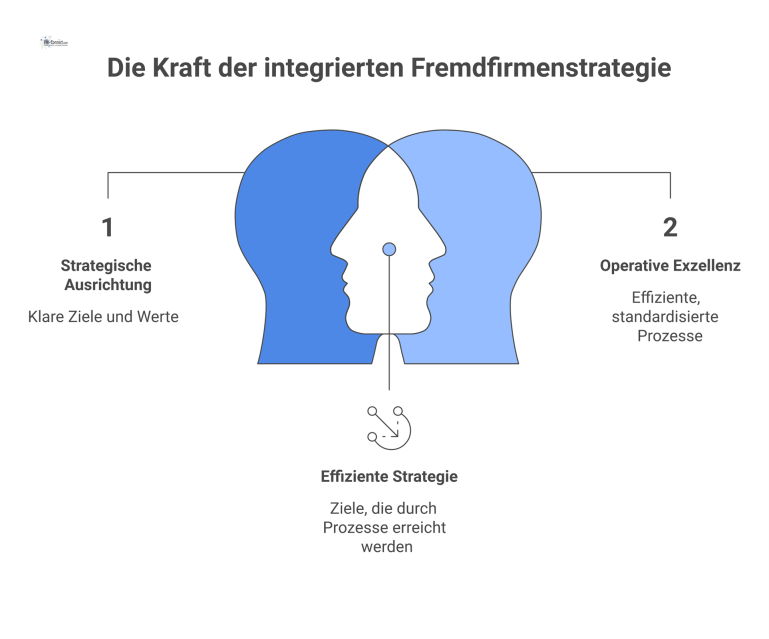 Unternehmensstrategie für Fremdfirmenmanagement Hub-and-Spoke-Diagramm der Fremdfirmenmanagement-Strategie mit den sechs Pfeilern Delegation, Prozess, Prinzipien, Rollen, Tools und Ziel.