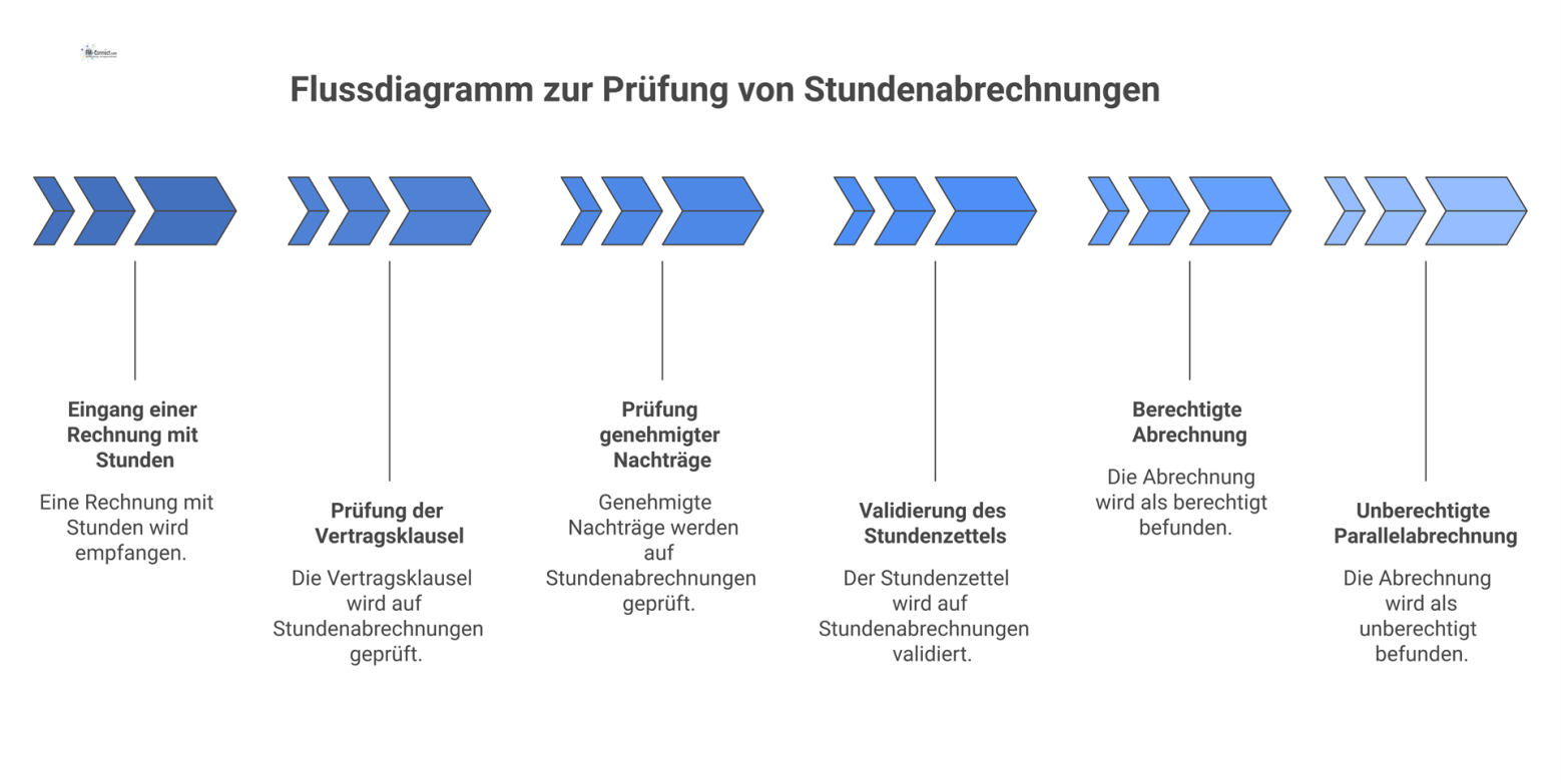 Flussdiagramm zur Prüfung von Stundenabrechnungen bei Pauschalverträgen, das von der Rechnungsprüfung über Entscheidungspunkte zum Ergebnis berechtigt oder unberechtigt führt. 