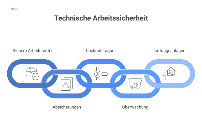 Infografik zur Technischen Arbeitssicherheit Infografik, die fünf Hauptbereiche der technischen Arbeitssicherheit darstellt: sichere Arbeitsmittel, Absicherungen, Lockout-Tagout, Überwachung und Lüftungsanlagen.
