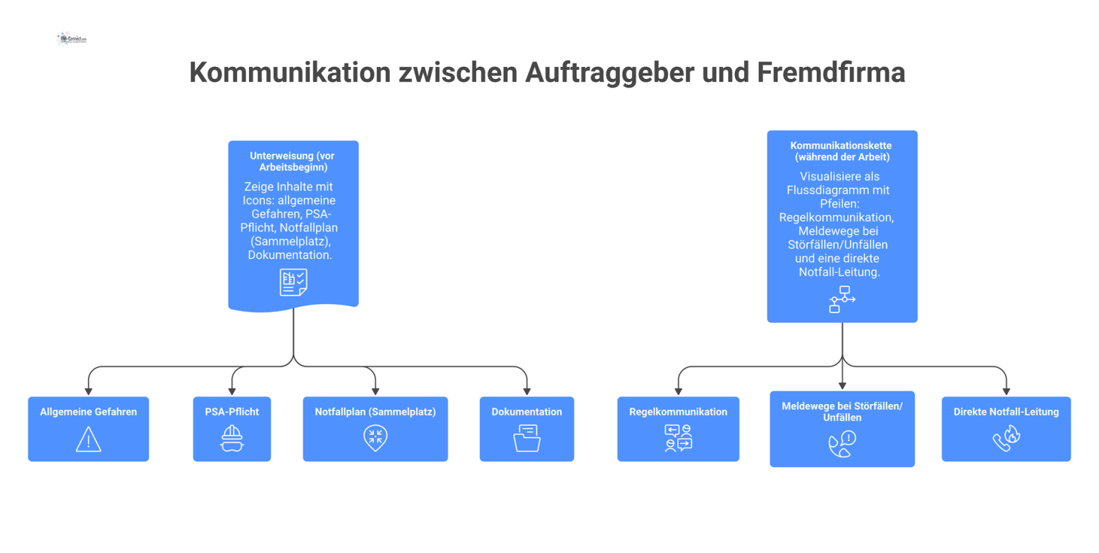 Infografik zur Kommunikation zwischen Auftraggeber und Fremdfirma, welche die Unterweisung vor Arbeitsbeginn und die Kommunikationskette während der Arbeit darstellt. 
