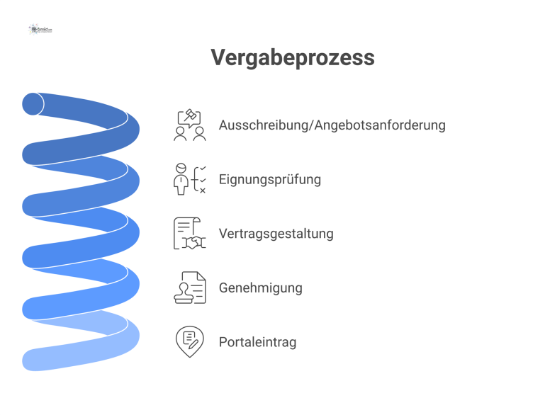 Ein horizontales BPMN-Flussdiagramm, das den Vergabeprozess zur Auswahl einer Fremdfirma in fünf Schritten zeigt: Ausschreibung, Eignungsprüfung, Vertragsgestaltung, Genehmigung, Portaleintrag. 