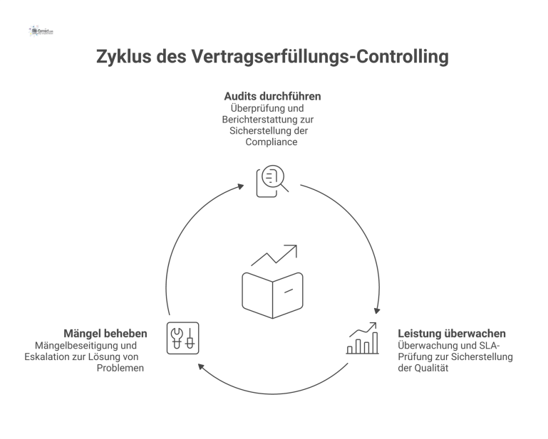 Prozessdiagramm für Vertragserfüllungs-Controlling Prozessdiagramm zum Vertragserfüllungs-Controlling mit drei Säulen: Audits, Leistungs- und Qualitätskontrolle sowie Mängelmanagement, jeweils mit deskriptiven Icons und Unterpunkten.