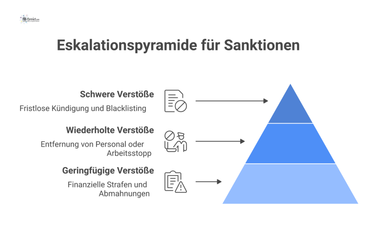 Eskalationspyramide für Sanktionen bei Vertragsverstößen Eine Eskalationspyramide mit drei Stufen, die Sanktionen bei Vertragsverstößen zeigt: von Vertragsstrafen über Arbeitsstopp bis hin zur fristlosen Kündigung.