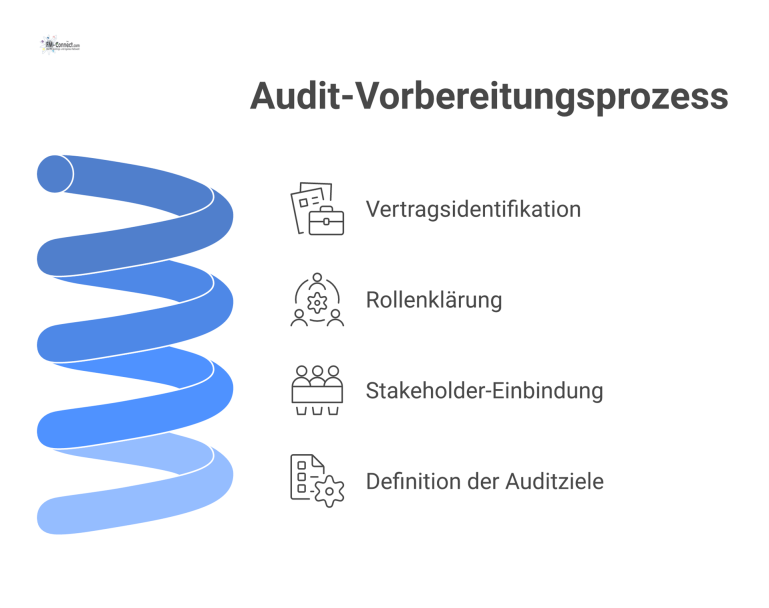 Diagramm des dreiphasigen Audit-Vorbereitungsprozesses, beginnend mit Vertragsidentifikation, gefolgt von Rollenklärung und abgeschlossen durch die Definition von Auditzielen.