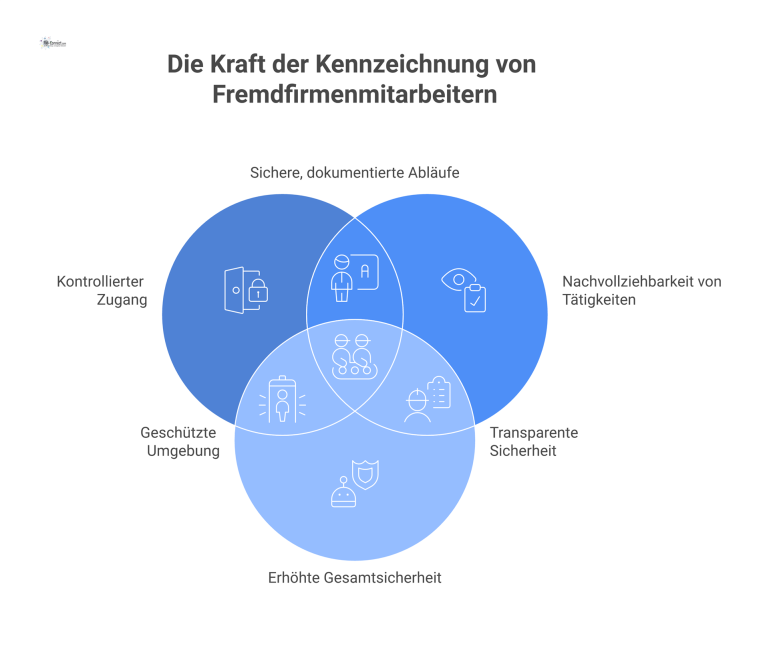 Infografik zeigt einen Mitarbeiter mit Ausweis, von dem Pfeile zu Symbolen für Zugangskontrolle, Nachvollziehbarkeit und Sicherheit führen. 