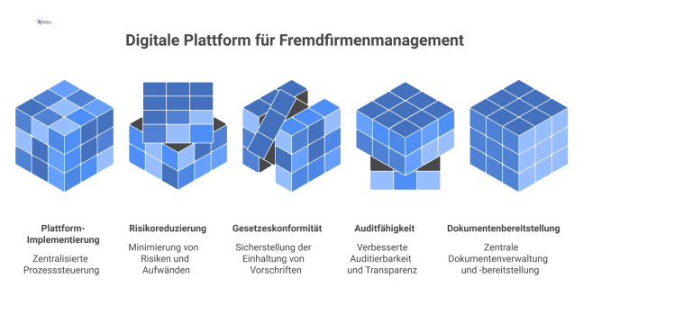 Infografik einer zentralen Plattform für Fremdfirmenmanagement, von der Pfeile zu den Vorteilen wie Risikoreduktion, Gesetzeskonformität und Auditfähigkeit zeigen. 