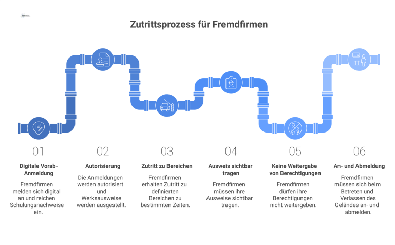 Flussdiagramm: Zutrittsprozess für Fremdfirmen Flussdiagramm des Zutrittsprozesses für Fremdfirmen, von der digitalen Vorab-Anmeldung über die Autorisierung bis zum Zutritt zu definierten Bereichen.